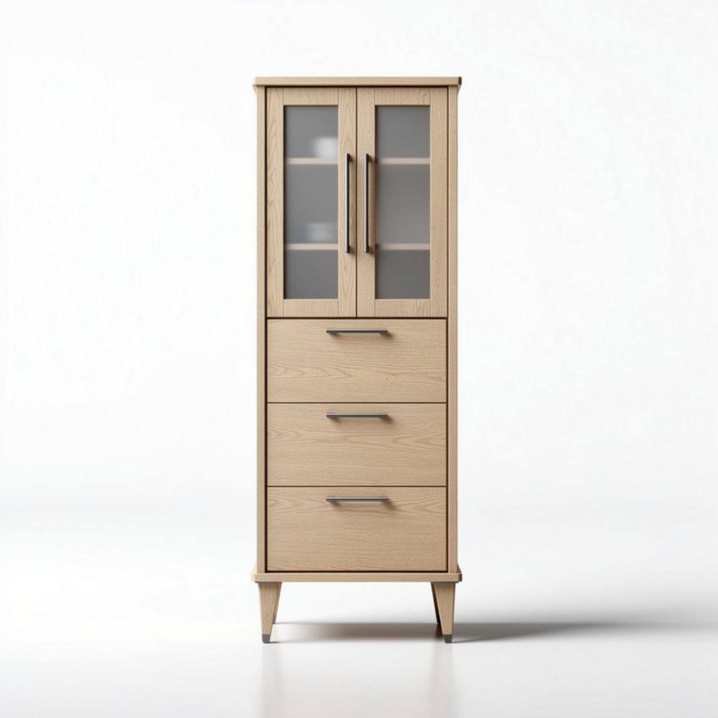 Wooden storage cabinet with glass doors and three drawers 30 x 60 x 150cm