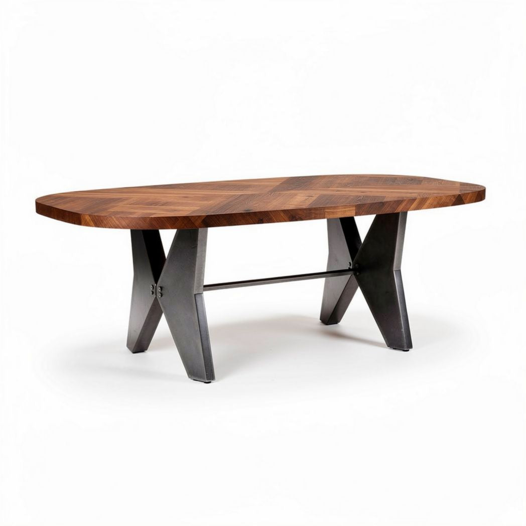 Wooden oval dining table with metal base 180 x 90 x 75cm dark brown