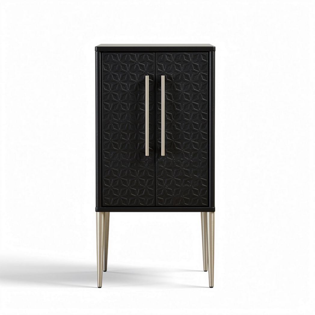 Black cabinet with geometric pattern and metal handles 60 x 40 x 90cm