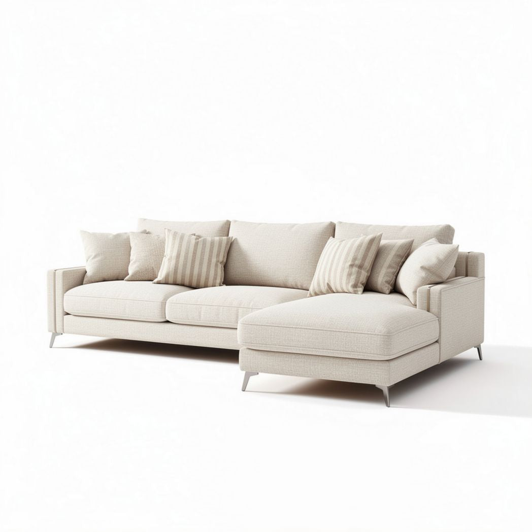 Two-piece sectional sofa in beige fabric with removable cushions and modern legs