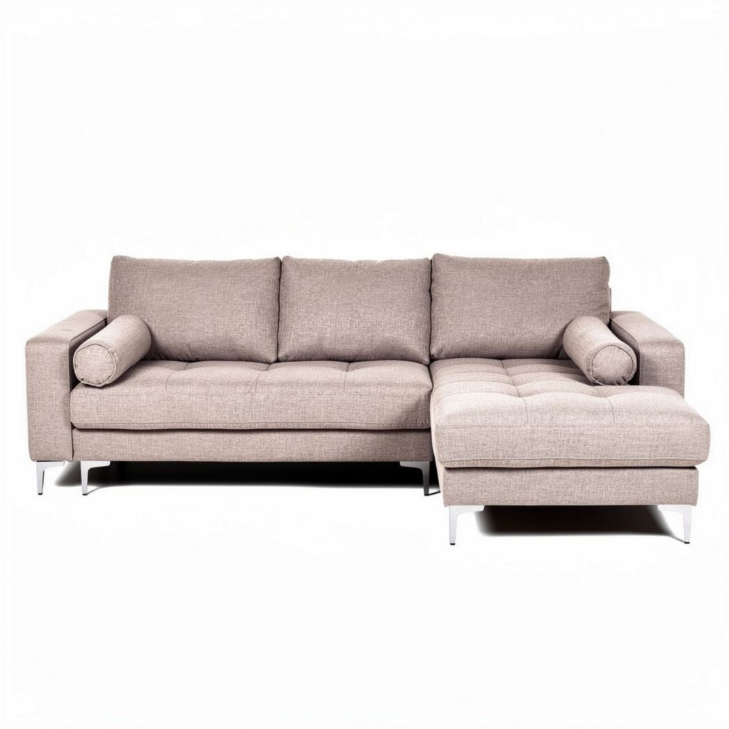 Linen sectional sofa in beige with right chaise lounge 230 x 90 x 85cm