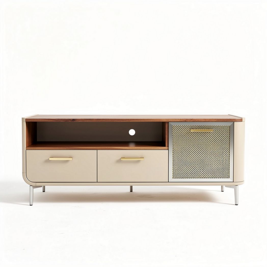 Wood and metal television stand with storage drawers and mesh cabinet 150 x 40 x 50cm