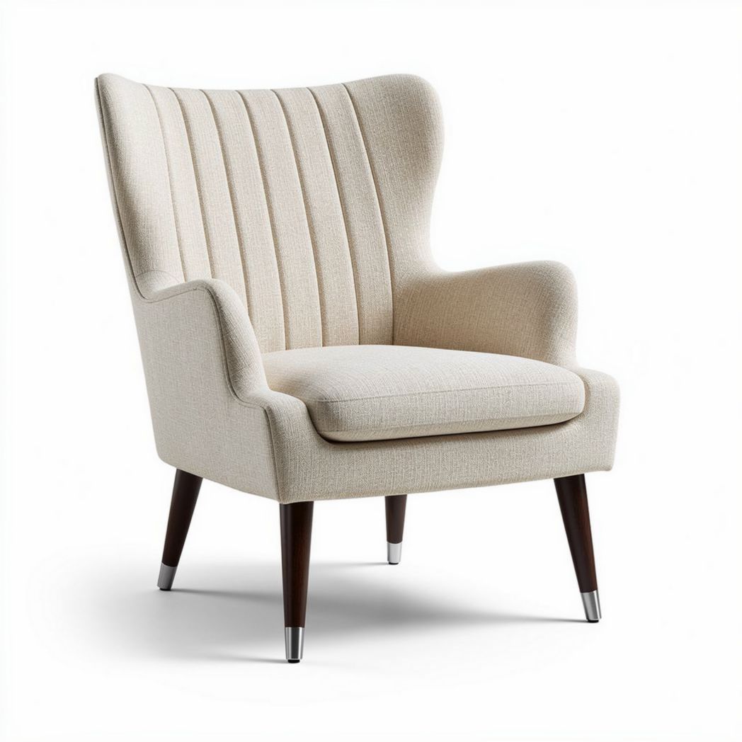 Linen accent chair with ribbed back design and wooden legs 80 x 80 x 90cm